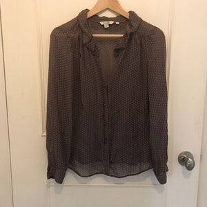 Boden Sheer Silk Gray and Pink Polka Dot Ruffled Blouse Sz 6